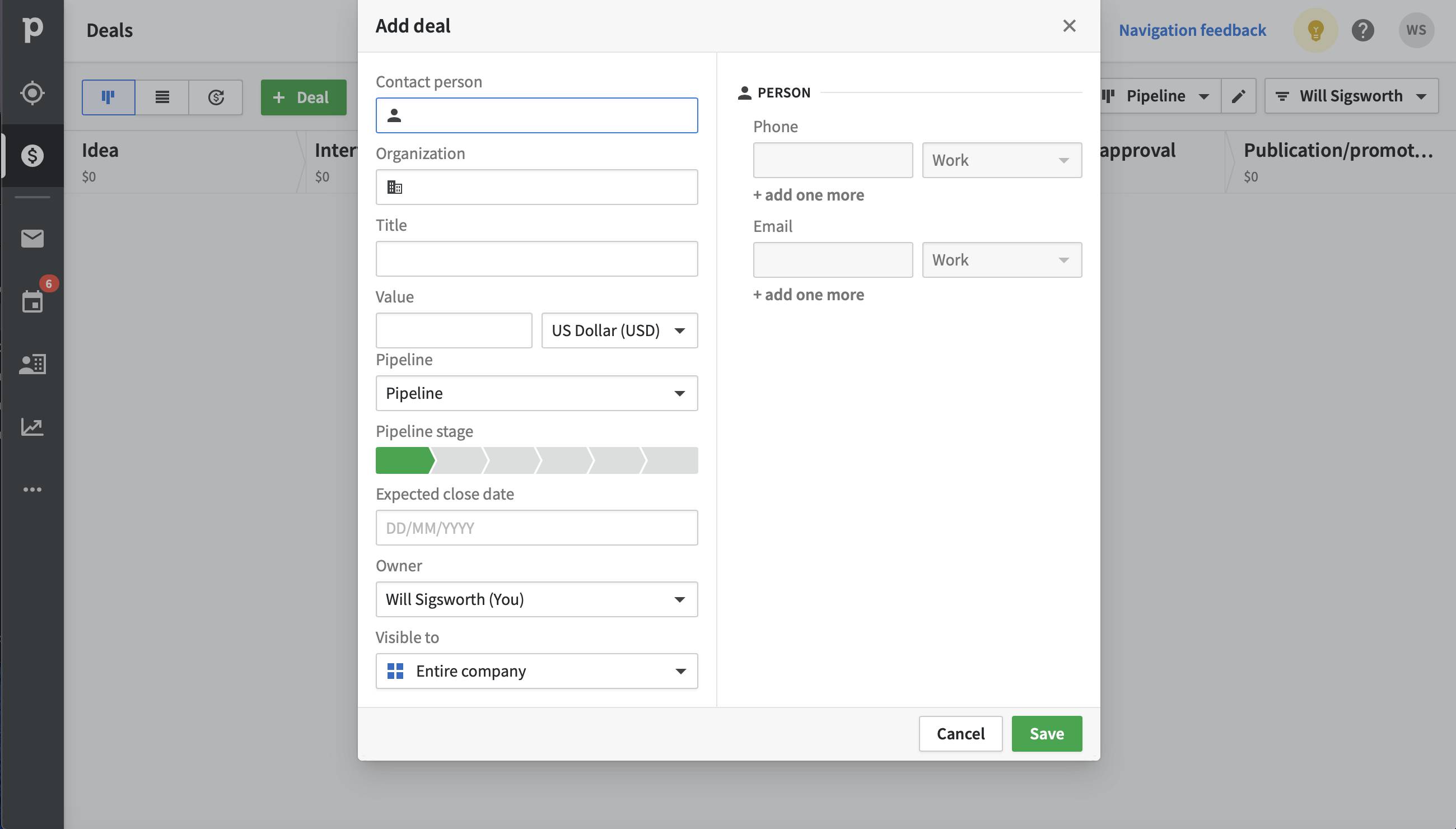 Pipedrive add deal screenshot