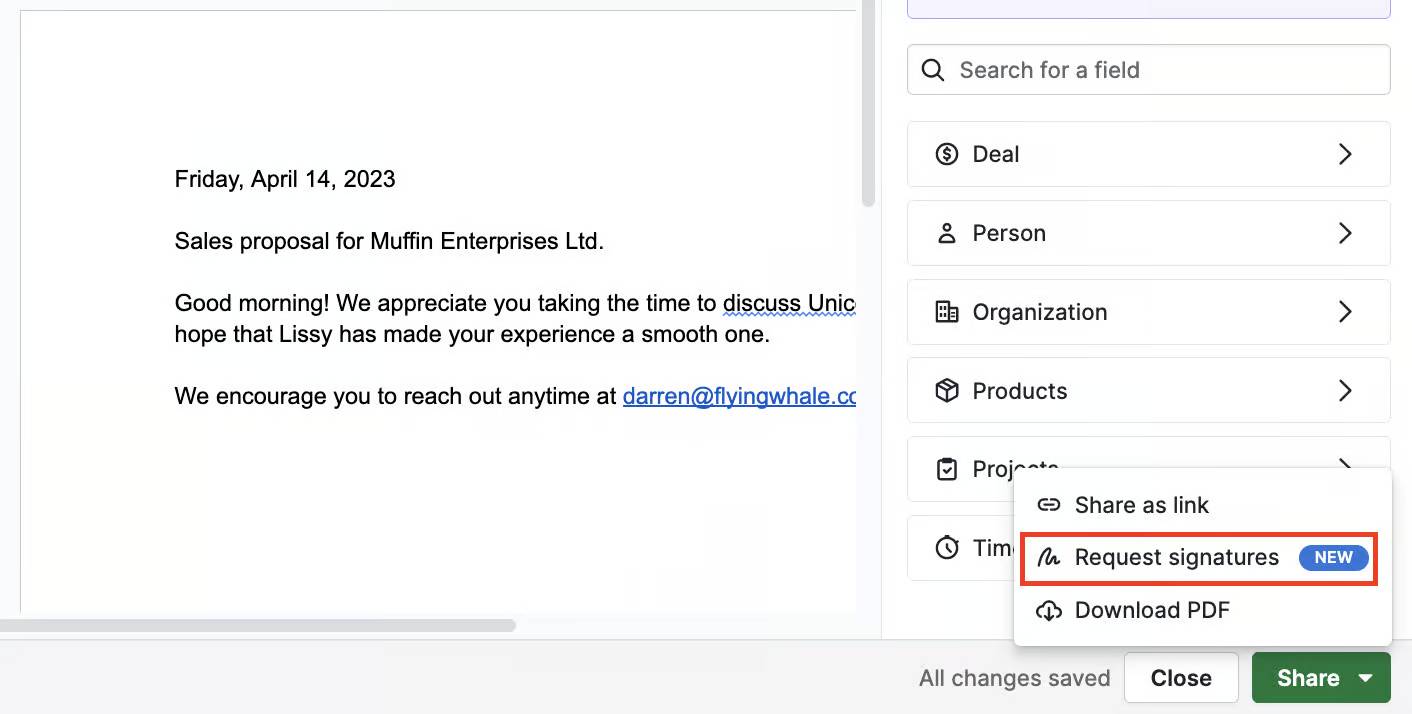 Consulting proposal template Pipedrive eSignature feature