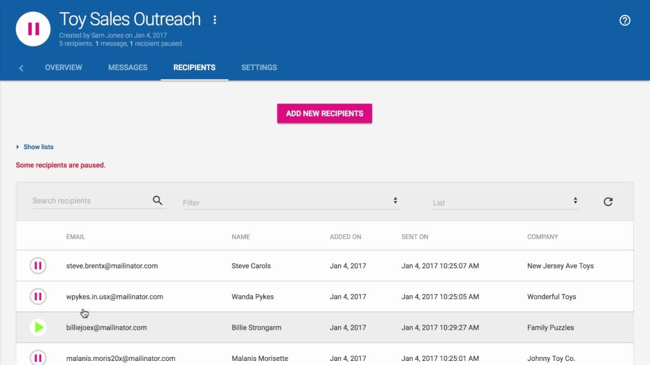 Prospecting tools Mailshake recipients data