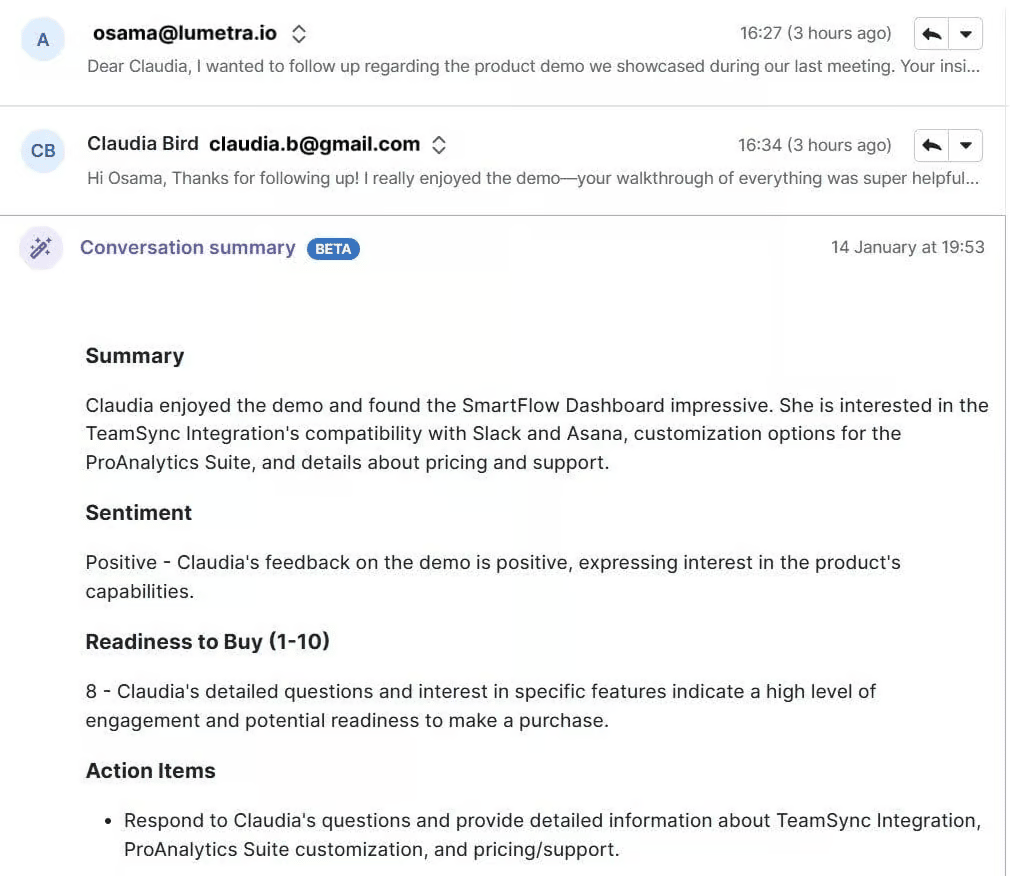 Cross-team collaboration Pipedrive email summary
